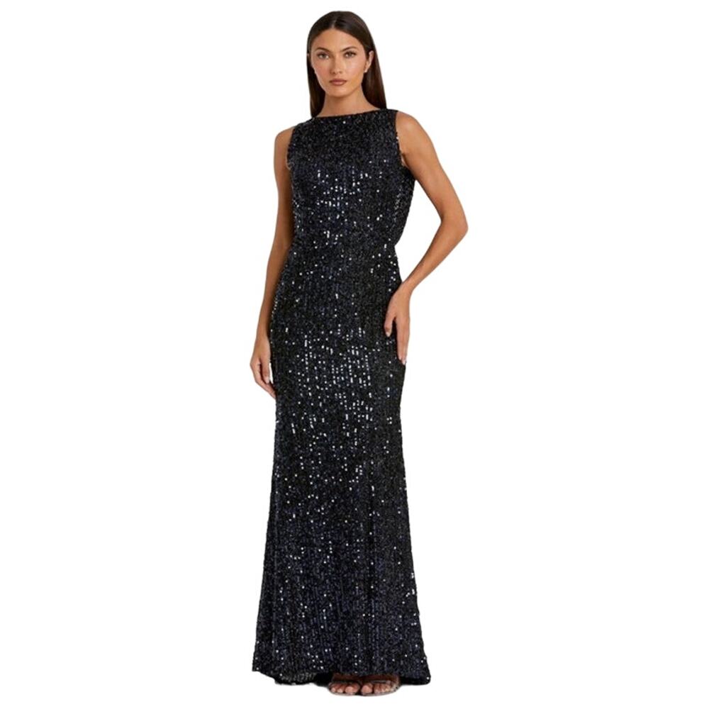MAC DUGGAL Dress Size 0 Evening Gown Sequin Navy Blue Cowl Back